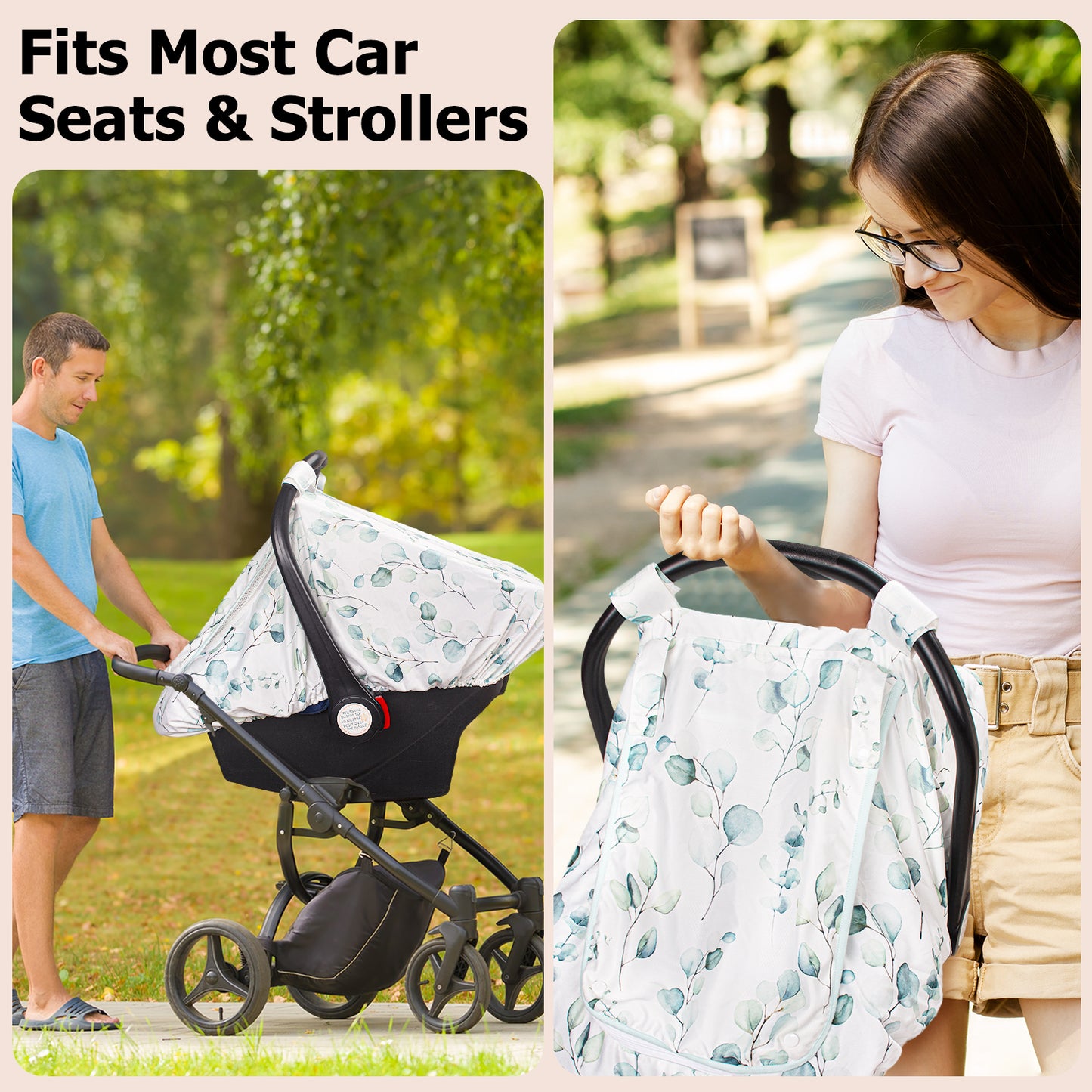 Beavtaens Car Seat Covers for Babies, Large Window Baby Car Seat Covers, Stretchy Carseat Canopy with Breathable Peekaboo, Kick-Proof & Windproof Infant Carseat Cover for Boys Girls (Leaves)