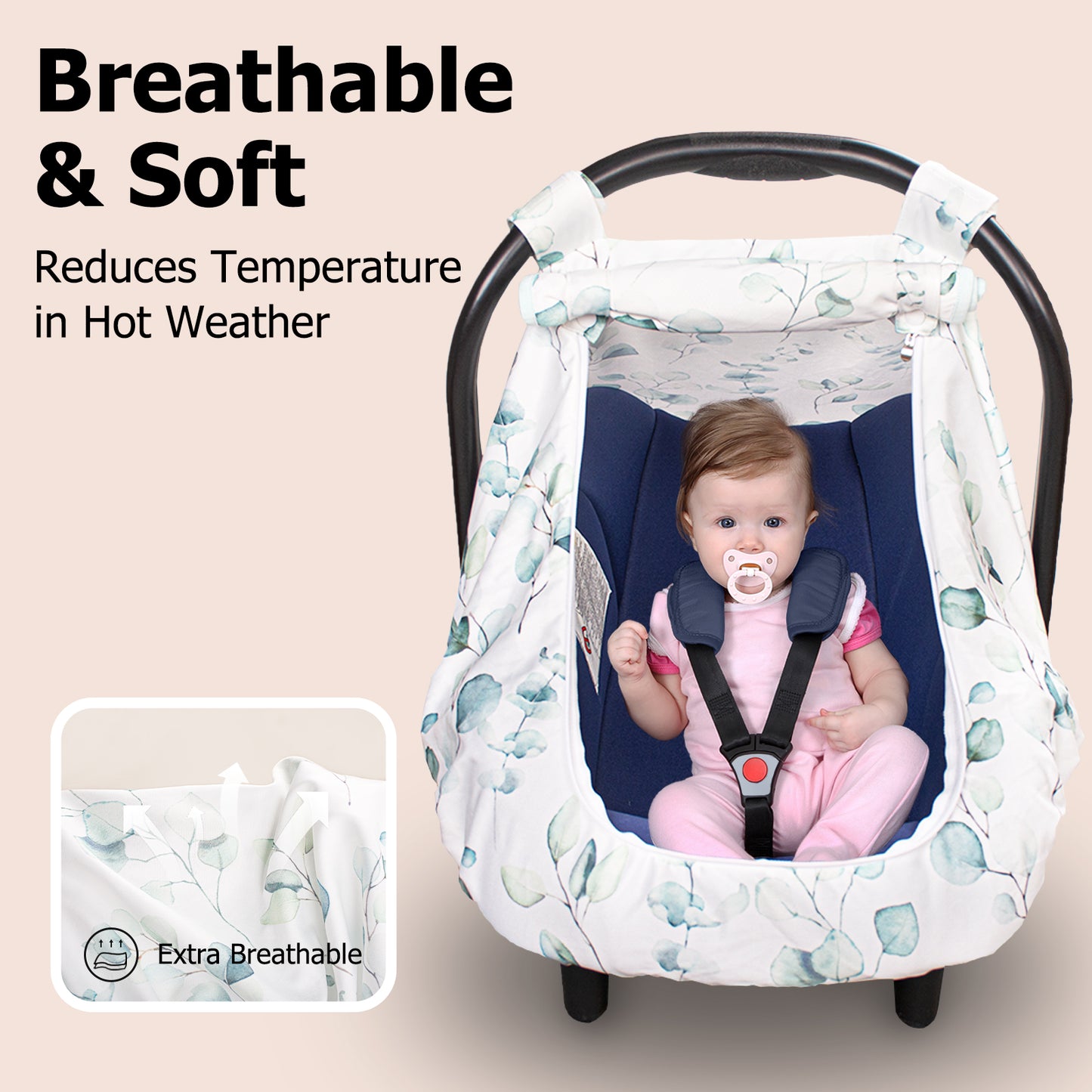 Beavtaens Car Seat Covers for Babies, Large Window Baby Car Seat Covers, Stretchy Carseat Canopy with Breathable Peekaboo, Kick-Proof & Windproof Infant Carseat Cover for Boys Girls (Leaves)