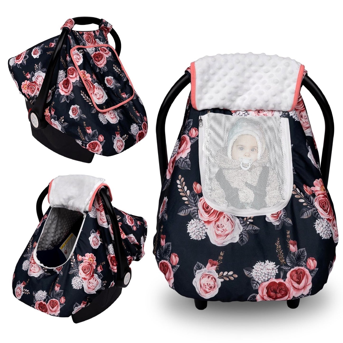 Beavtaens 3-in-1 Baby Car Seat Cover, Winter Infant Carseat Canopy, Soft & Breathable, Black Flowers