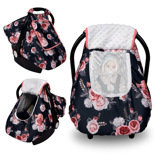 Beavtaens 3-in-1 Baby Car Seat Cover, Winter Infant Carseat Canopy, Soft & Breathable, Black Flowers