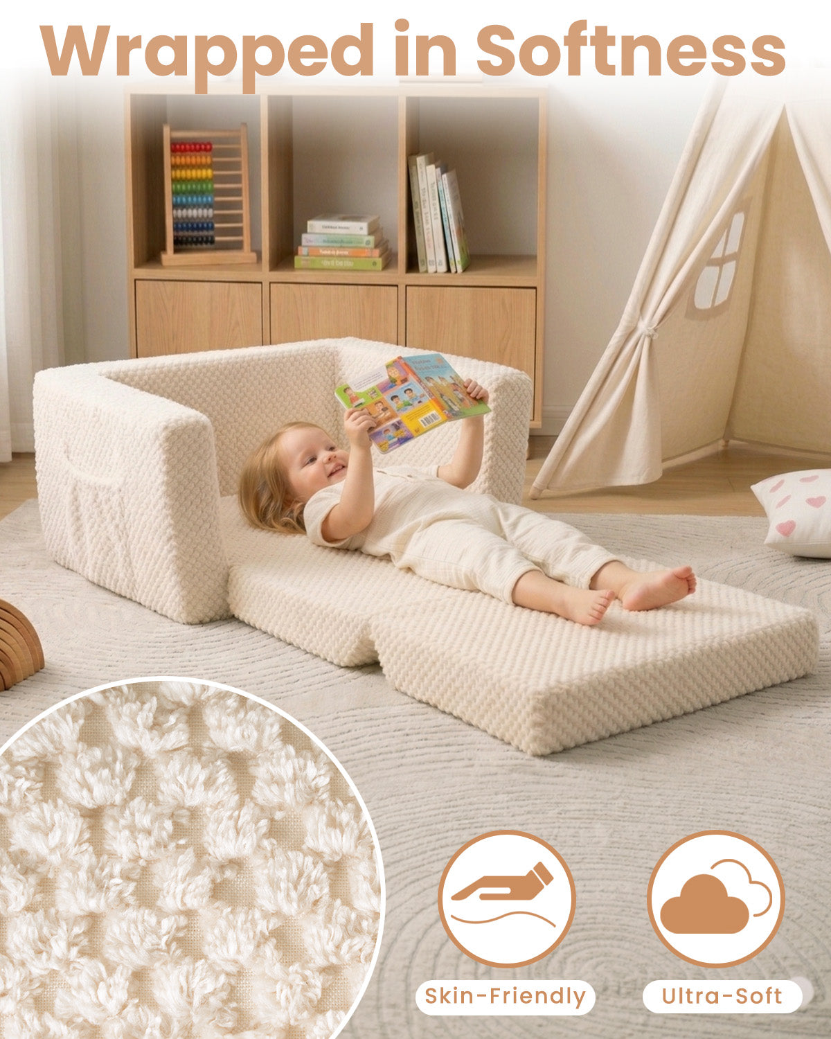 Beavtaens Foldable Toddler Couch with Soft Sherpa Cover, 2-in-1 Comfy Toddler Sofa & Lounger for 1-3 Years Old Girls Boys, Kids Chair with Pockets & Handle for Reading, Playroom, Pink