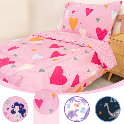 Baby Crib Bedding Set for Boy Girls, 4-Piece, Includes Pillowcase, Crib Sheet, Quilt, and Crib Fitted Sheet (Hearts)
