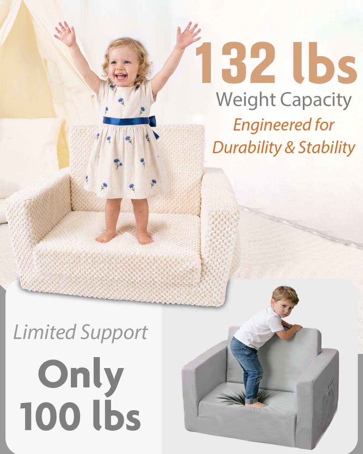 Beavtaens Foldable Toddler Couch with Soft Sherpa Cover, 2-in-1 Comfy Toddler Sofa & Lounger for 1-3 Years Old Girls Boys, Kids Chair with Pockets & Handle for Reading, Playroom, Pink