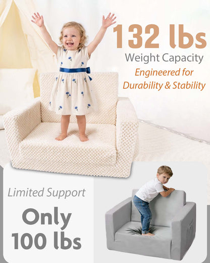 Beavtaens Foldable Toddler Couch with Soft Sherpa Cover, 2-in-1 Comfy Toddler Sofa & Lounger for 1-3 Years Old Girls Boys, Kids Chair with Pockets & Handle for Reading, Playroom, Pink