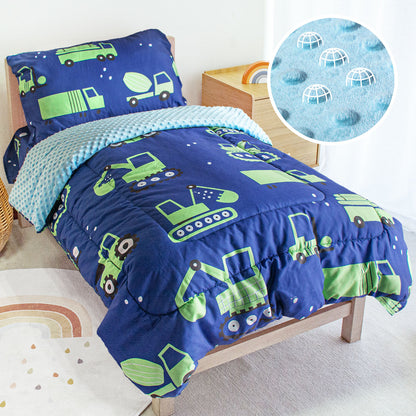Baby Crib Bedding Set for Boy Girls, 4-Piece, Includes Pillowcase, Crib Sheet, Quilt, and Crib Fitted Sheet (Green Cars)