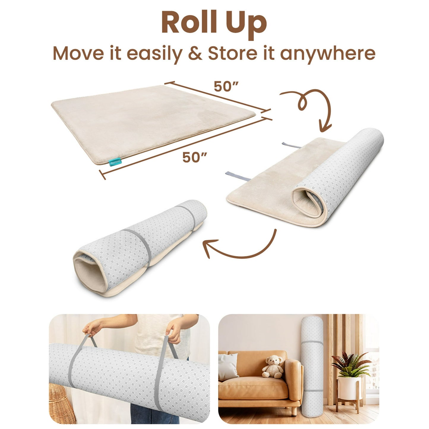 Beavtaens Baby Play Mat for Floor, Foam 50"x50"x1.2" Playpen Mat, Velvet, Thickened, for 0-4 Years (Beige)