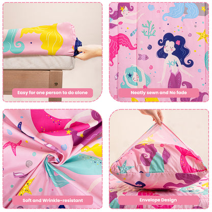 Baby Crib Bedding Set for Boy Girls, 4-Piece, Includes Pillowcase, Crib Sheet, Quilt, and Crib Fitted Sheet (Mermaid)