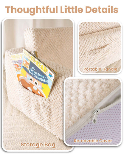 Beavtaens Foldable Toddler Couch with Soft Sherpa Cover, 2-in-1 Comfy Toddler Sofa & Lounger for 1-3 Years Old Girls Boys, Kids Chair with Pockets & Handle for Reading, Playroom, Pink