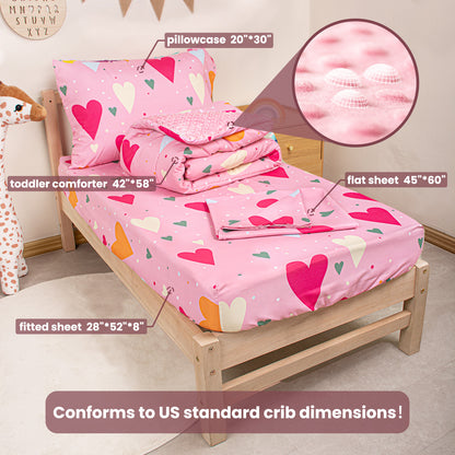 Baby Crib Bedding Set for Boy Girls, 4-Piece, Includes Pillowcase, Crib Sheet, Quilt, and Crib Fitted Sheet (Hearts)