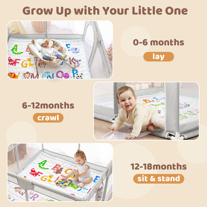 Beavtaens Baby Play Yard with Mat, 50"x50" Playpen for Babies and Toddlers, Safe and Non-Slip Baby Play Area with Zippered Door and Carrying Bag, Infant Travel Fence with Visible Mesh