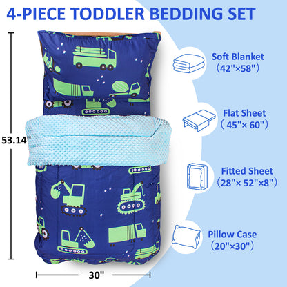 Baby Crib Bedding Set for Boy Girls, 4-Piece, Includes Pillowcase, Crib Sheet, Quilt, and Crib Fitted Sheet (Green Cars)