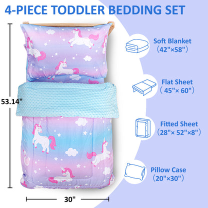 Baby Crib Bedding Set for Boy Girls, 4-Piece, Includes Pillowcase, Crib Sheet, Quilt, and Crib Fitted Sheet (Unicorn)