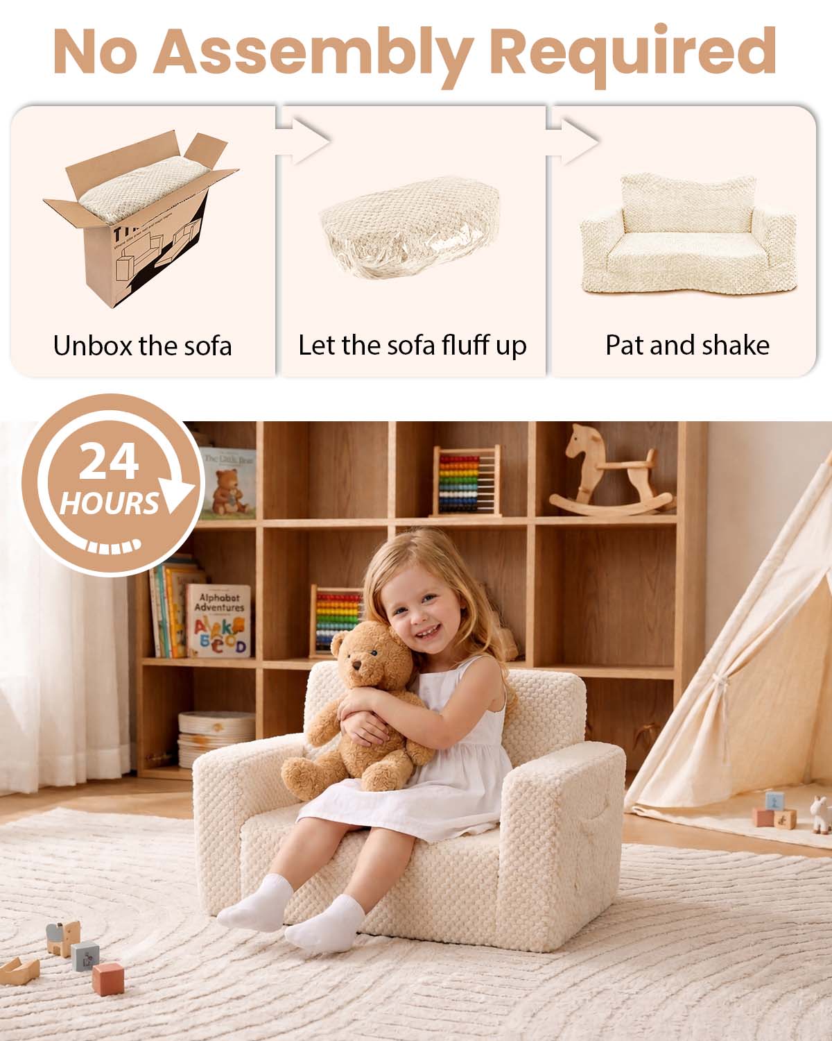 Beavtaens Foldable Toddler Couch with Soft Sherpa Cover, 2-in-1 Comfy Toddler Sofa & Lounger for 1-3 Years Old Girls Boys, Kids Chair with Pockets & Handle for Reading, Playroom, Pink
