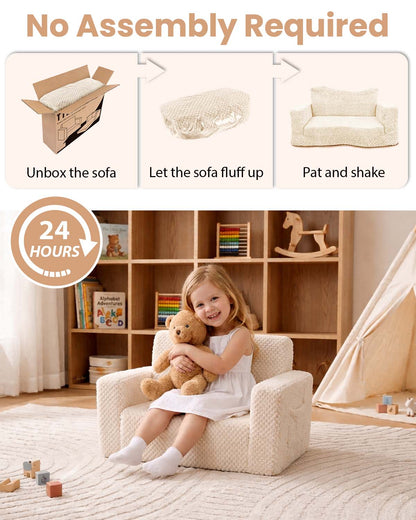 Beavtaens Foldable Toddler Couch with Soft Sherpa Cover, 2-in-1 Comfy Toddler Sofa & Lounger for 1-3 Years Old Girls Boys, Kids Chair with Pockets & Handle for Reading, Playroom, Pink