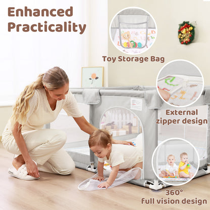 Beavtaens Baby Play Yard with Mat, 50"x50" Playpen for Babies and Toddlers, Safe and Non-Slip Baby Play Area with Zippered Door and Carrying Bag, Infant Travel Fence with Visible Mesh