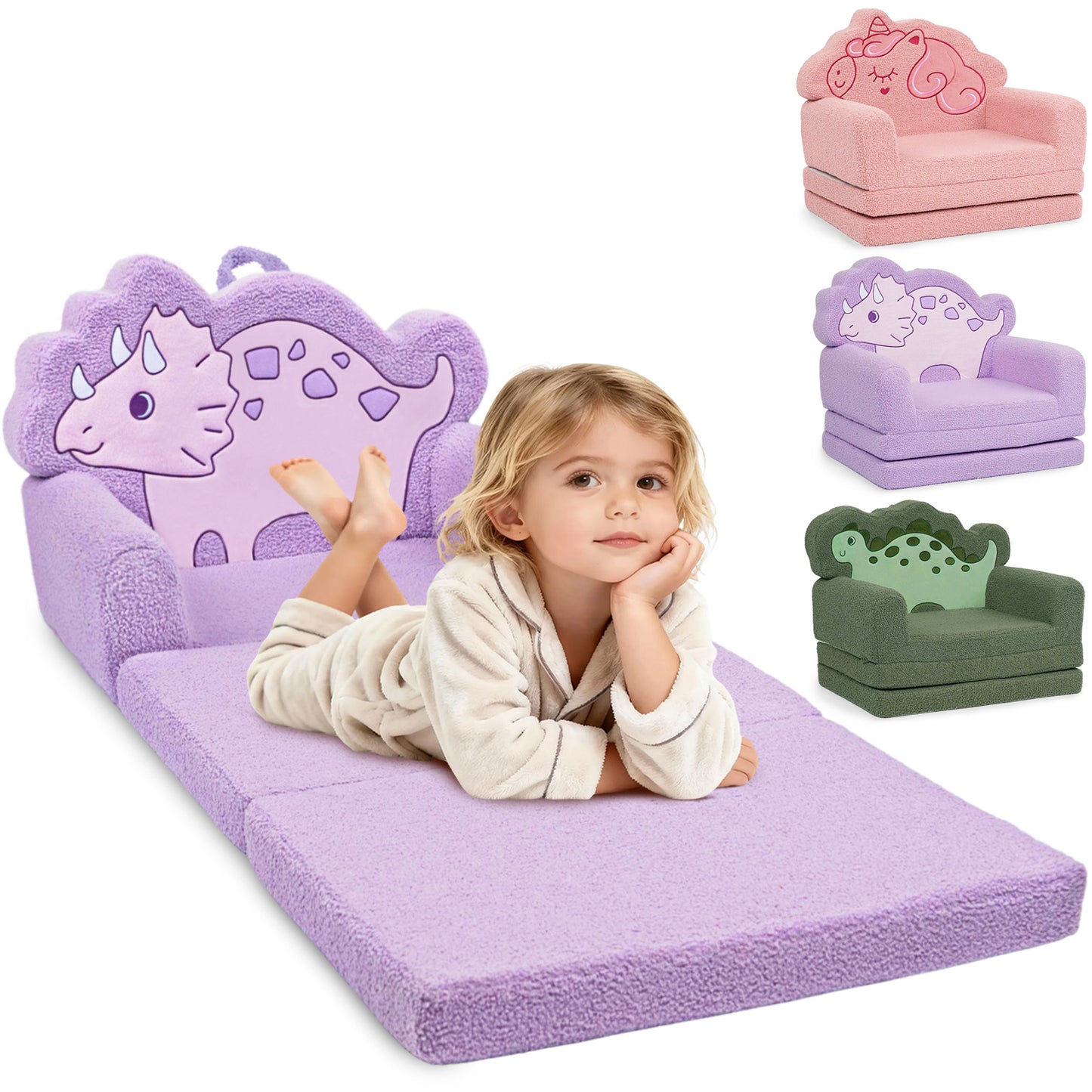 Beavtaens Toddler Couch, 2-in-1 Kids Comfy Chair with Teddy Fleece, Pink Toddler Fold Out Couch with Cute Unicorn Designs, Soft Sofa Bed for Kids