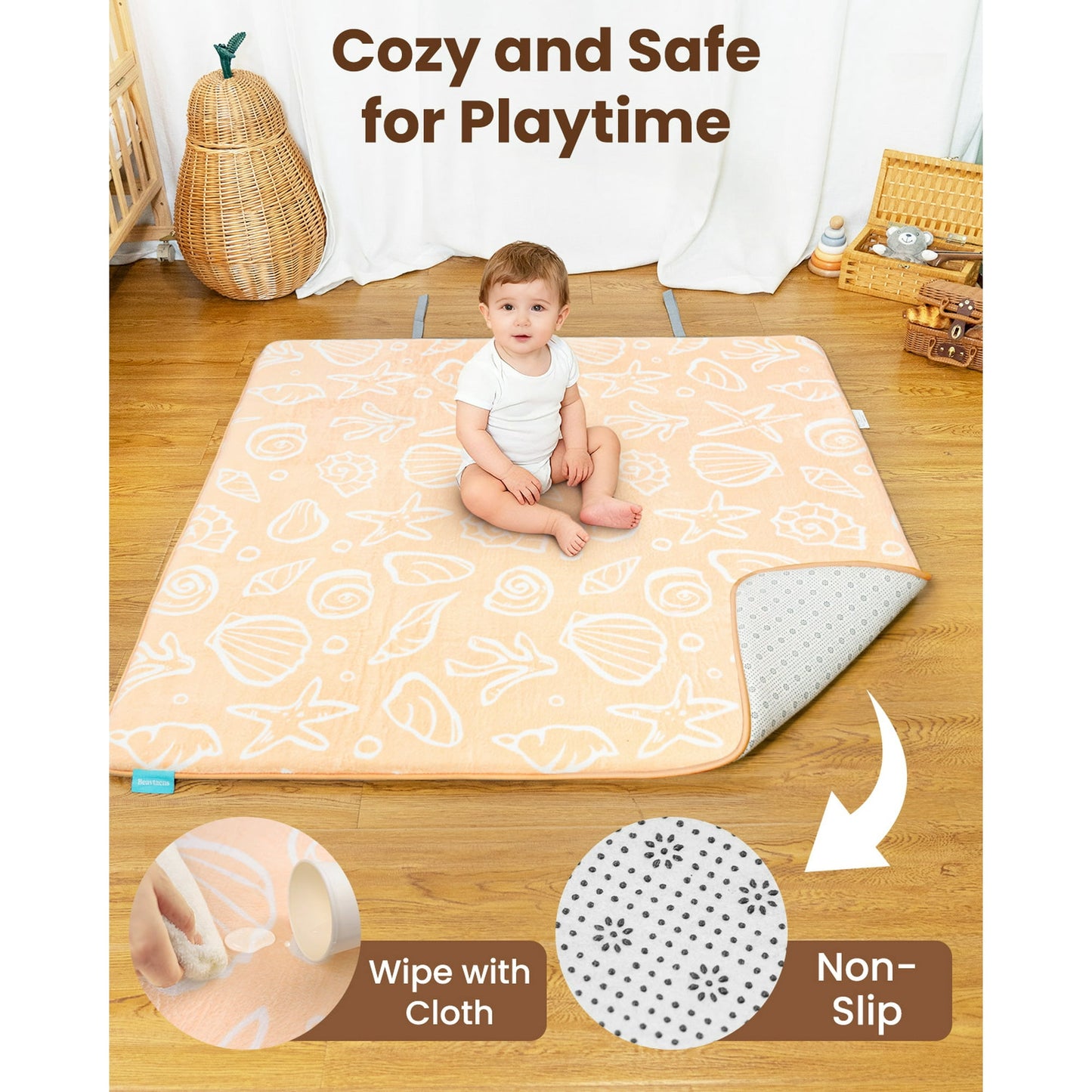 Beavtaens Baby Play Mat for Floor, Foam 50"x50"x1.2" Playpen Mat, Velvet, Thickened, for 0-4 Years (Shell)
