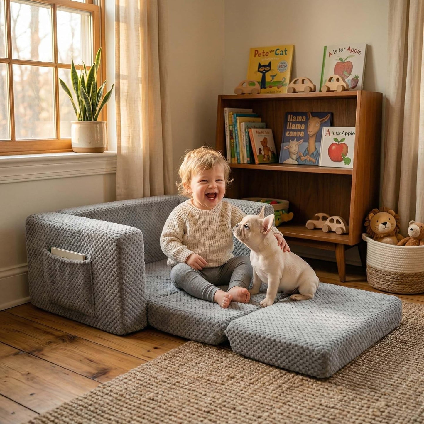 Beavtaens Foldable Toddler Couch with Soft Sherpa Cover, 2-in-1 Comfy Toddler Sofa & Lounger for 1-3 Years Old Girls Boys, Kids Chair with Pockets & Handle for Reading, Playroom, Pink