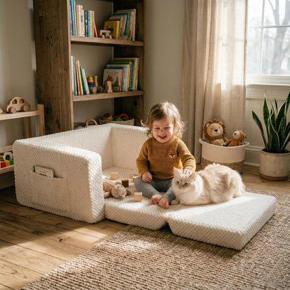 Beavtaens Foldable Toddler Couch with Soft Sherpa Cover, 2-in-1 Comfy Toddler Sofa & Lounger for 1-3 Years Old Girls Boys, Kids Chair with Pockets & Handle for Reading, Playroom, Pink