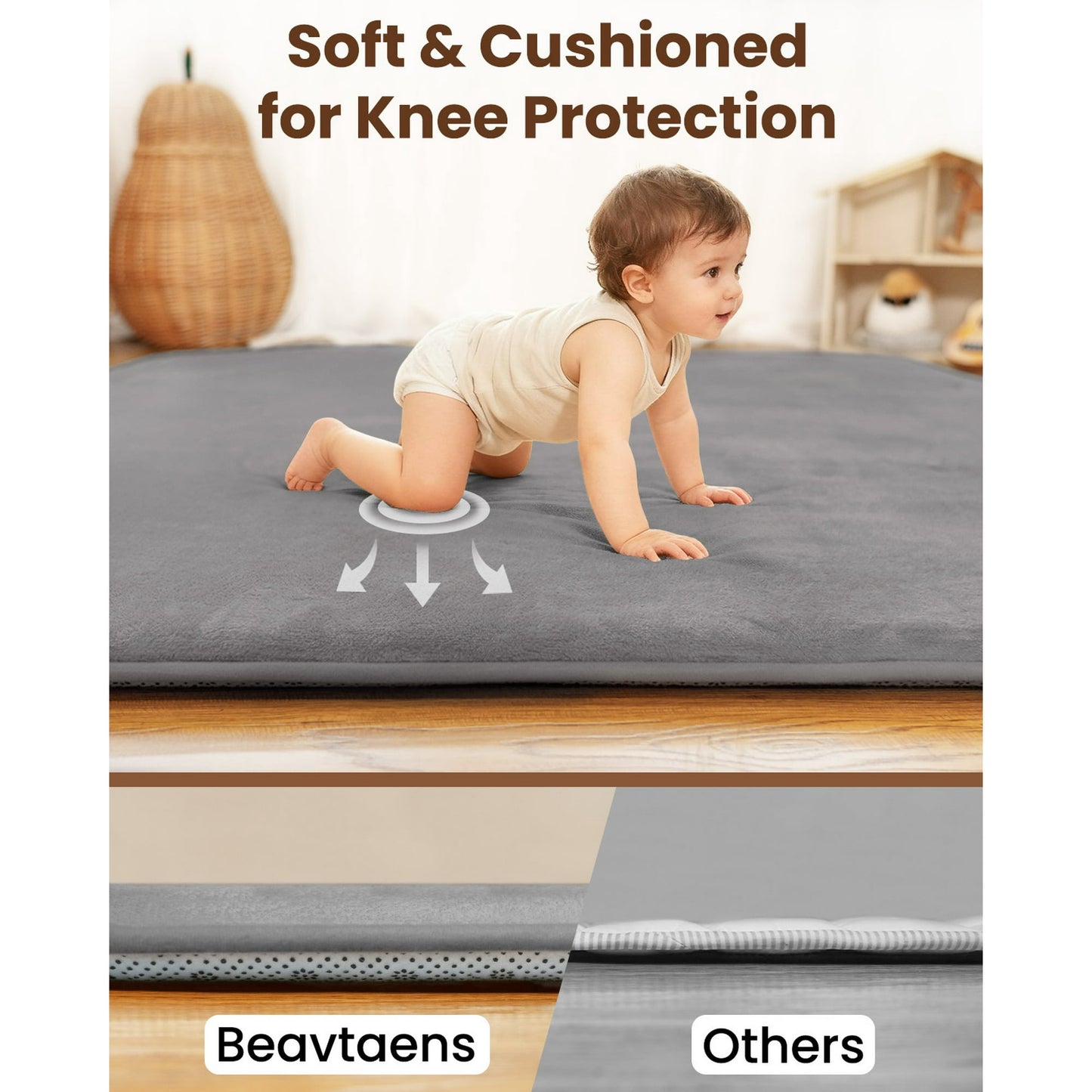 Beavtaens Baby Play Mat for Floor, Foam 50"x50"x1.2" Playpen Mat, Velvet, Thickened, for 0-4 Years