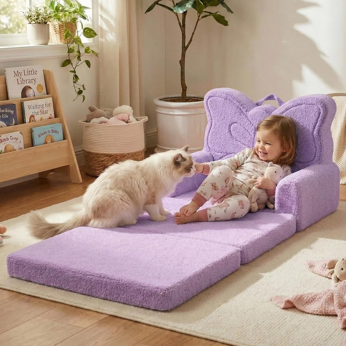 Beavtaens Toddler Couch, Extra Large 49.2" x 16.3" Kids Sofa, 2-in-1 Flip Open Couch, Purple