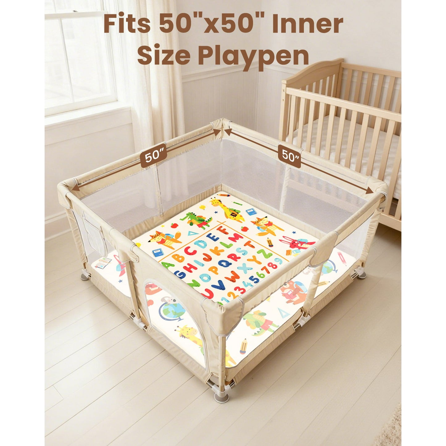 Beavtaens Baby Play Mat for Floor, Foam 50"x50"x1.2" Playpen Mat, Velvet, Thickened, for 0-4 Years (Alphabet)