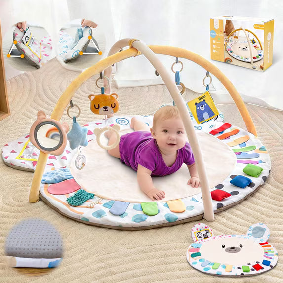 Beavtaens Baby Gym Play Mat, Large Mat with 5 Sensory Zones, 4-in-1 Tummy Time for Infants 0-18M