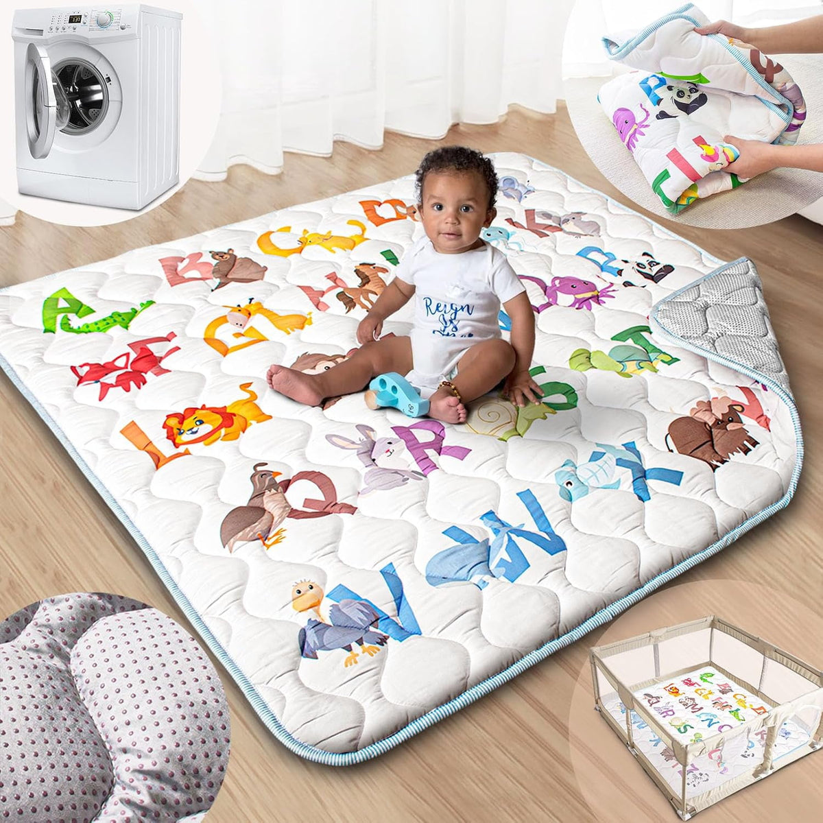 Beavtaens Baby Play Mat, Thickened Playmat Fits 47" x 47" Playpen, Upgraded Non-Slip, Soft for Infants, Alphabet
