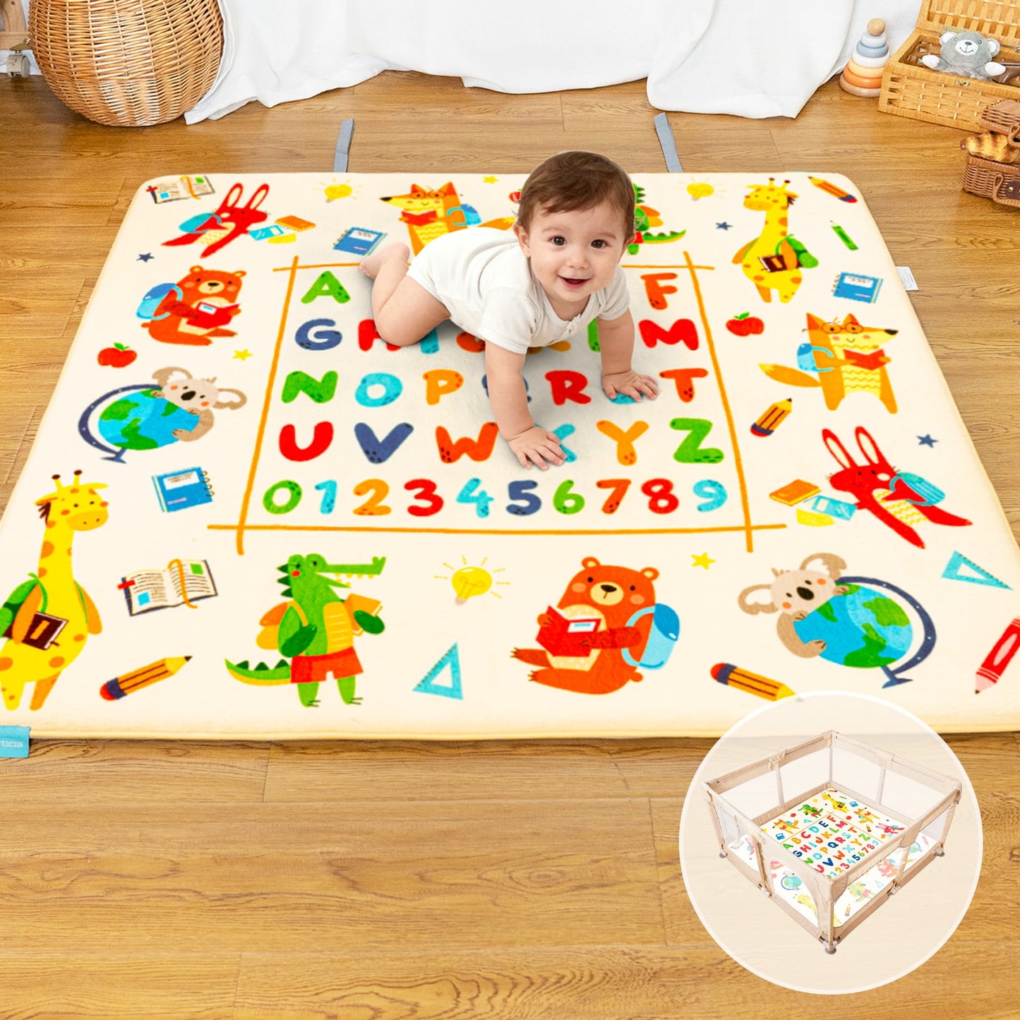 Beavtaens Baby Play Mat for Floor, Foam 50"x50"x1.2" Playpen Mat, Velvet, Thickened, for 0-4 Years (Alphabet)
