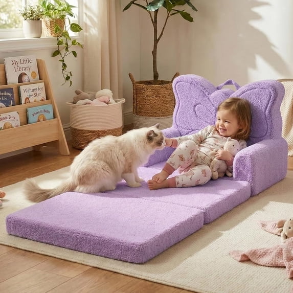 Beavtaens Toddler Sofa Chair, Extra Large 53.1" x 23.6" Kids Couch, 2-in-1 Flip Open Sofa Bed, Purple