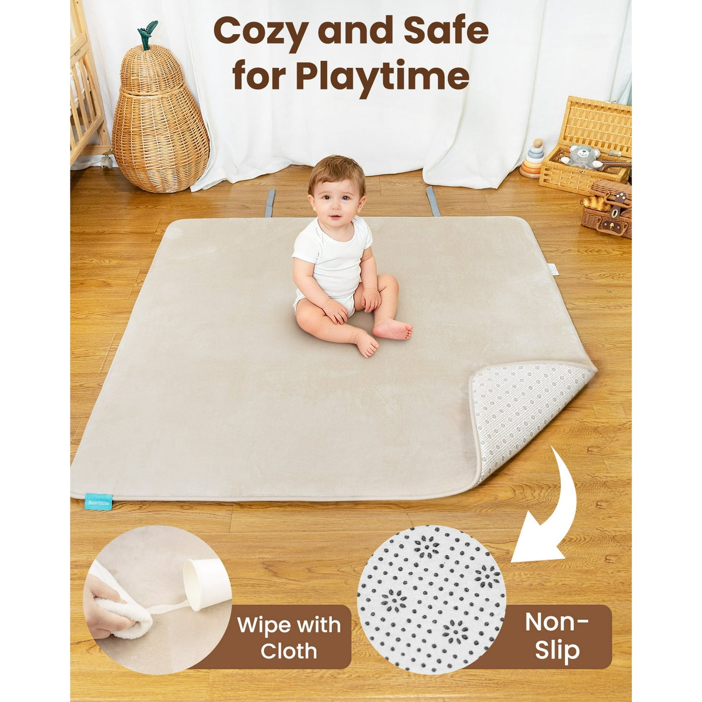 Beavtaens Baby Play Mat for Floor, Foam 50"x50"x1.2" Playpen Mat, Velvet, Thickened, for 0-4 Years (Beige)
