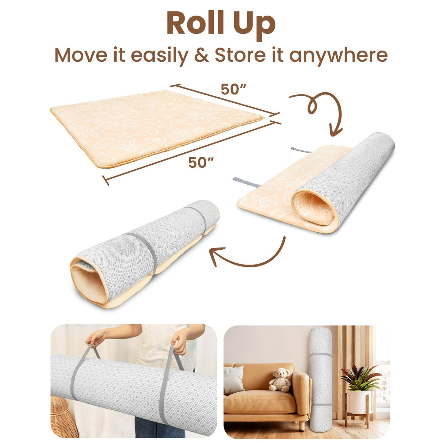 Beavtaens Baby Play Mat for Floor, Foam 50"x50"x1.2" Playpen Mat, Velvet, Thickened, for 0-4 Years (Shell)