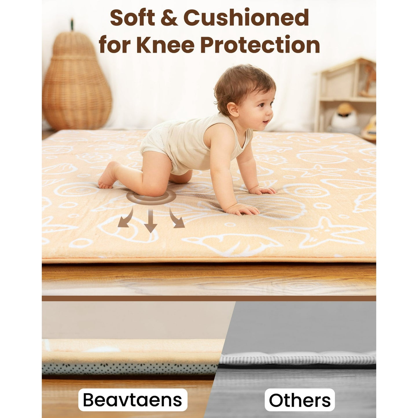 Beavtaens Baby Play Mat for Floor, Foam 50"x50"x1.2" Playpen Mat, Velvet, Thickened, for 0-4 Years (Shell)